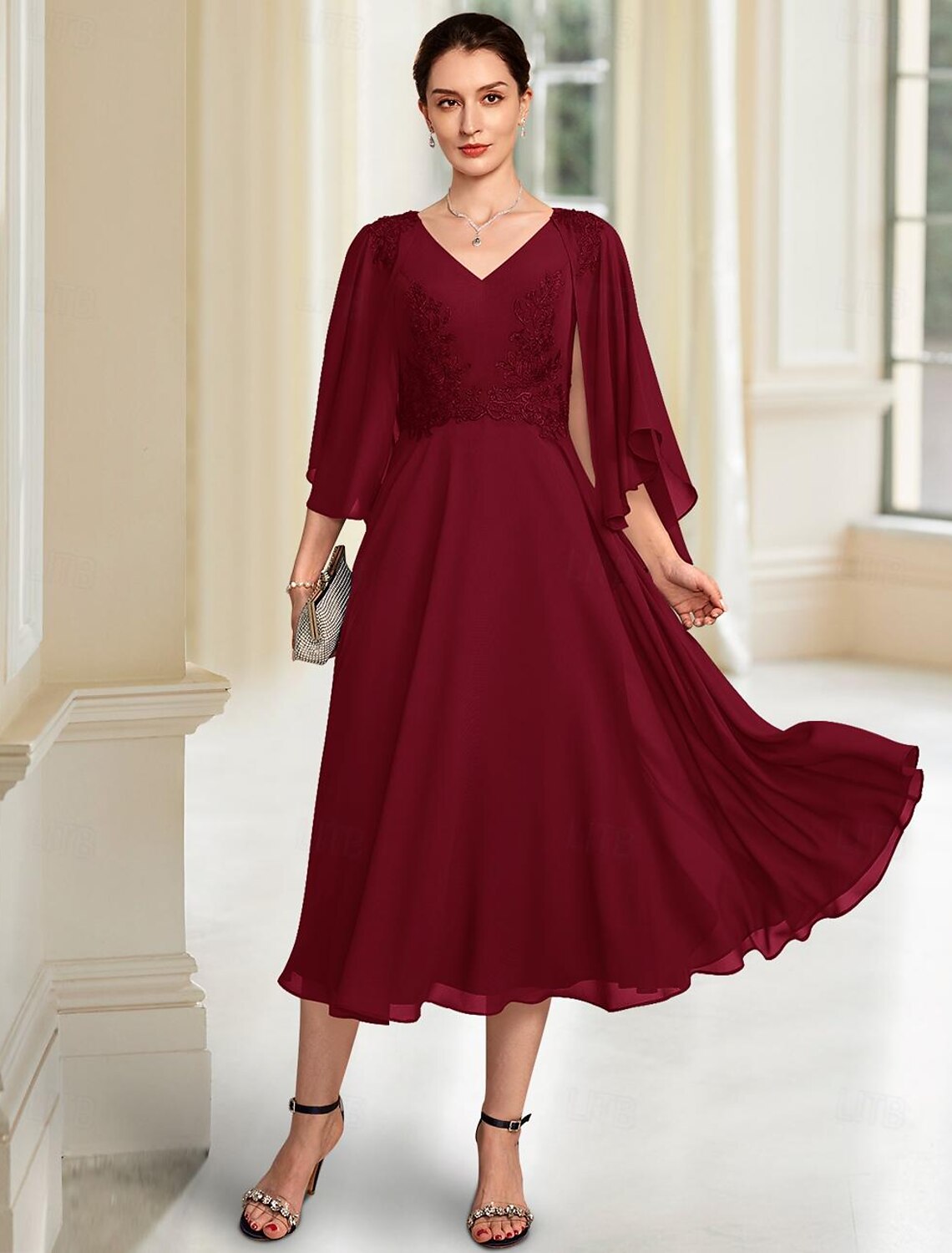 Buyishang A-Line Mother of the Bride Dress Elegant V Neck Tea Length Chiffon 3/4 Length Sleeve with Lace free custom size